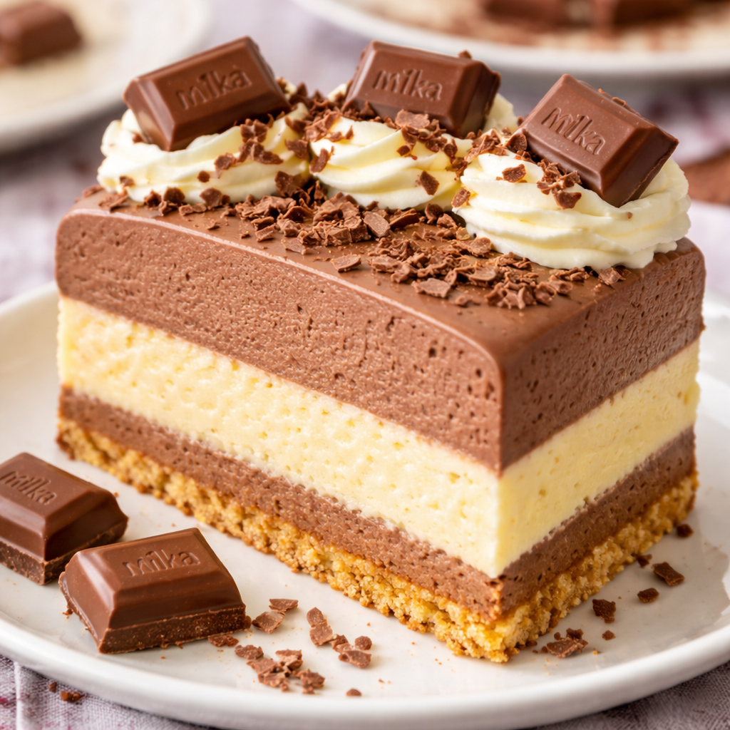 "Milka torta bez pečenja, prikaz presjeka torte sa slojevima mliječne i bijele čokolade na podlozi od keksa, ukrašena šlagom i čokoladnim komadićima"