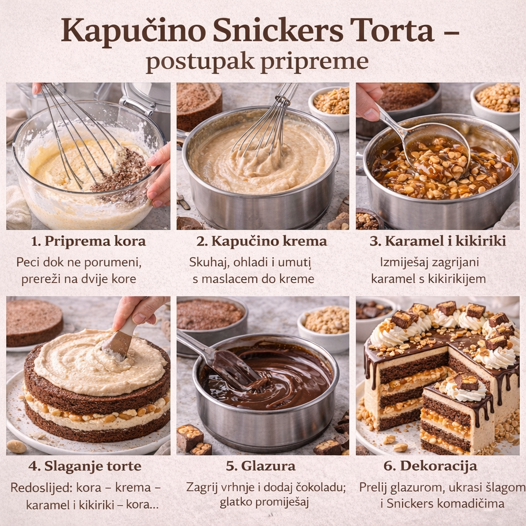 Kolaž postupka pripreme kapućino Snickers torte – od pripreme čokoladne kore, kuhanja kapućino kreme i karamel sloja do slaganja i dekoracije torte