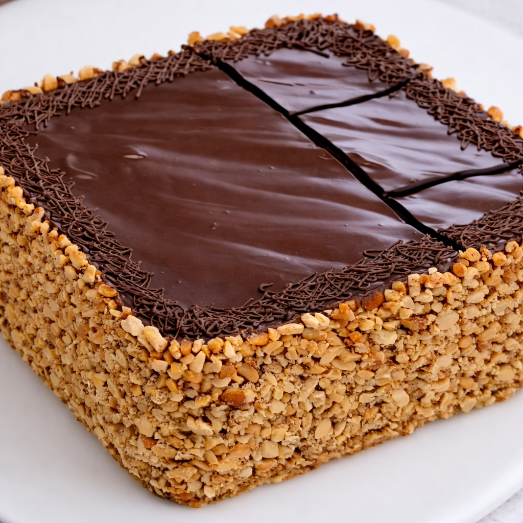 Čokoladna torta od kikirikija s bogatom čokoladnom glazurom i slojem pečenog kikirikija