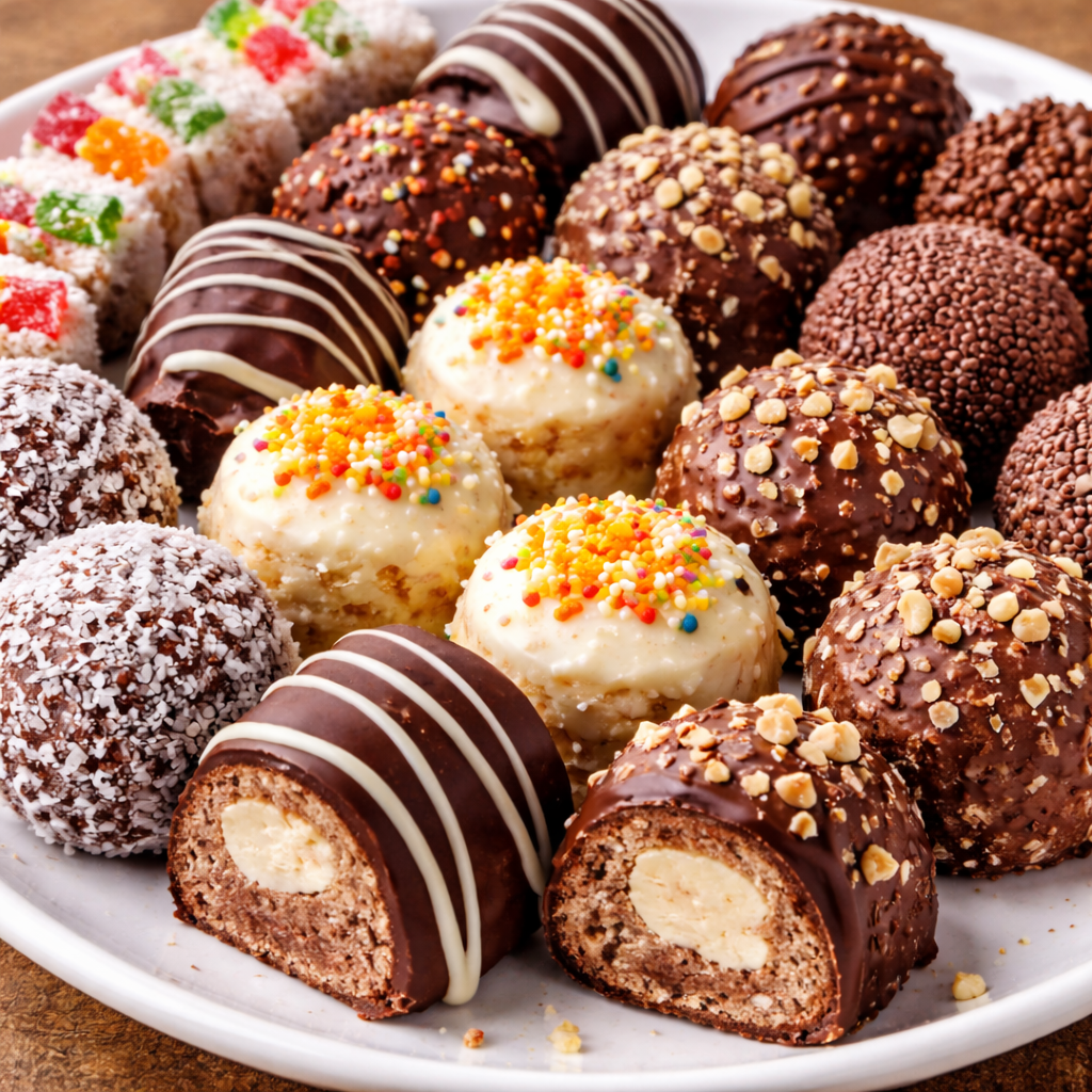 Sedam vrsta domaćih sitnih kolača s čokoladom, keksom, kokosom, lješnjacima i narančom