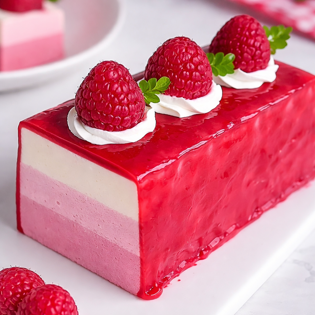 Mousse torta od malina s glazurom, savršeno izrezan komad s tri sloja na bijelom tanjuru, bogat i elegantan desert