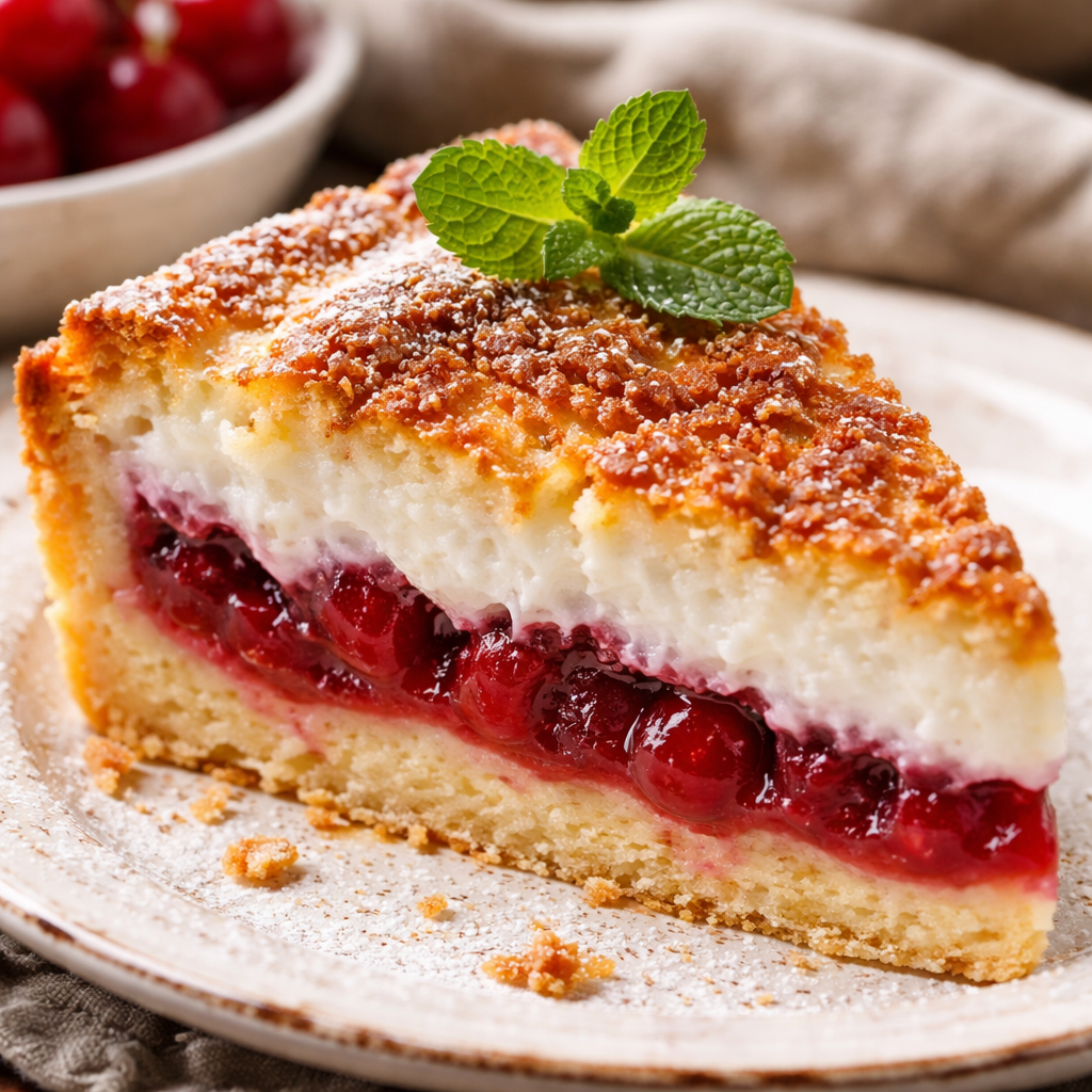 Komad domaće zimske jogurt pite s trešnjama na tanjiru sa karameliziranim šećerom