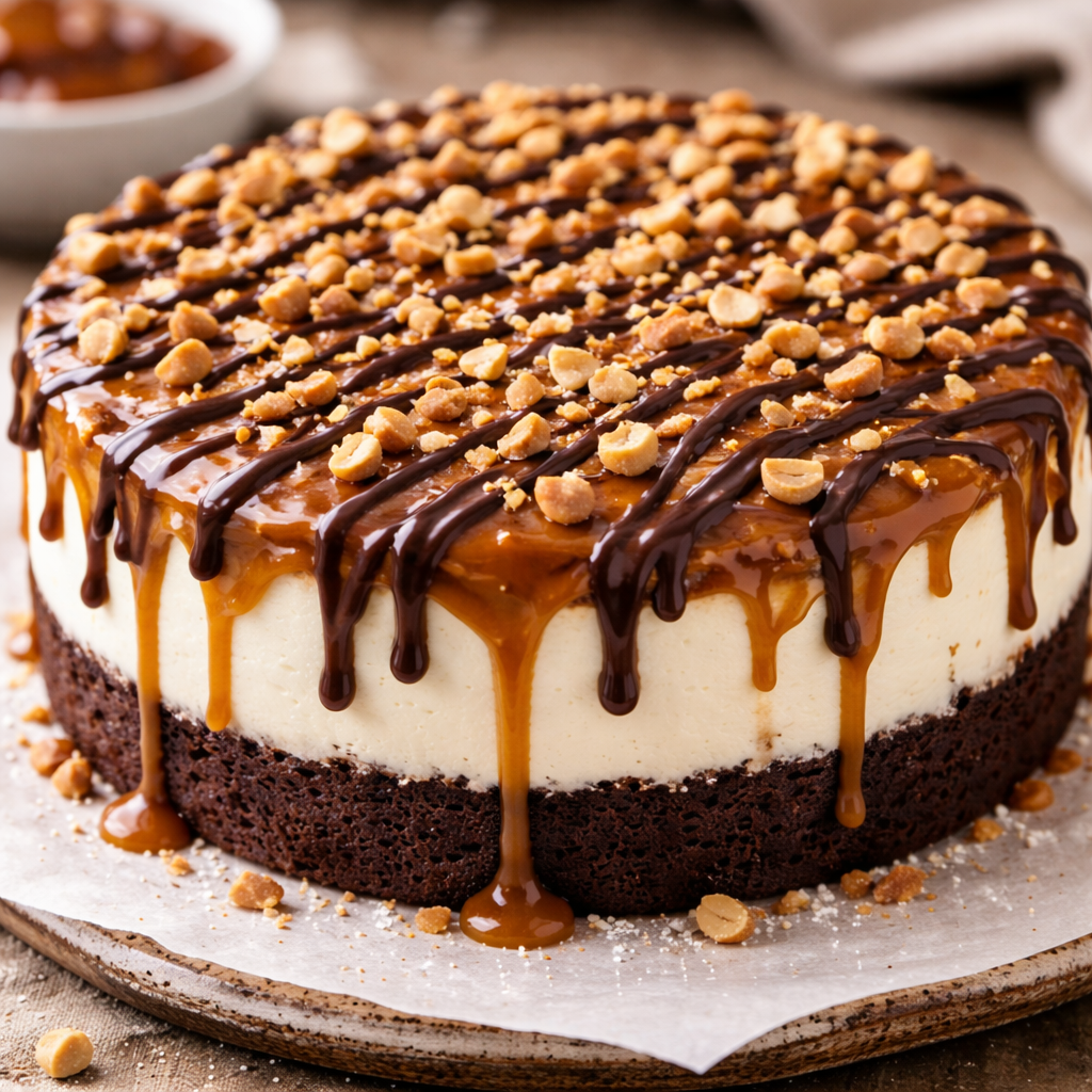 Cijeli karamel cheesecake preliven čokoladom i posut kikirikijem na podlozi od kakaa
