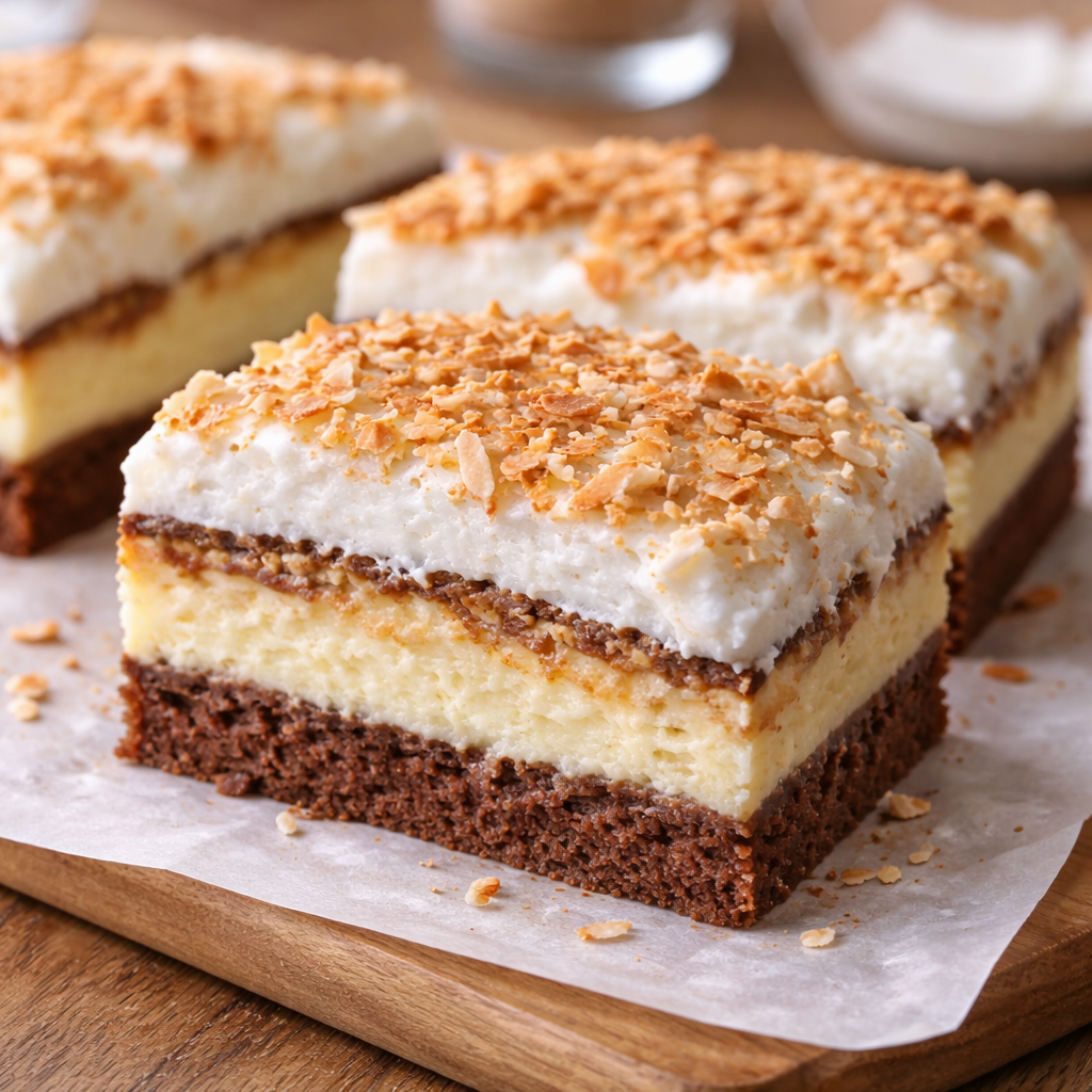 Sočni kokos kolač sa sirom, kakao korom i beze slojem posut tostiranim kokosom