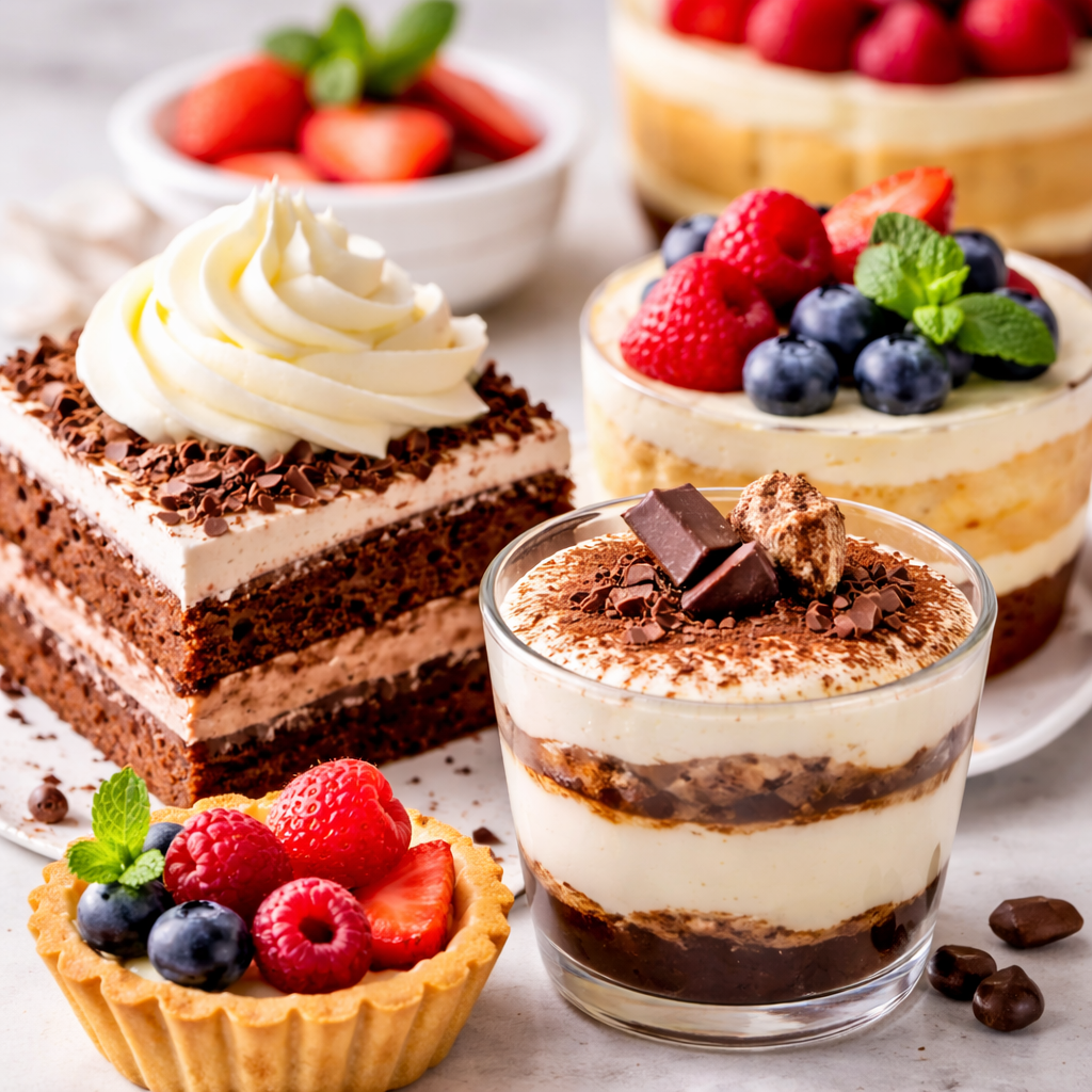Višestruki domaći deserti – torta, oblatne, tiramisu i voćni kolači, dekorativni i kremasti za svaku priliku
