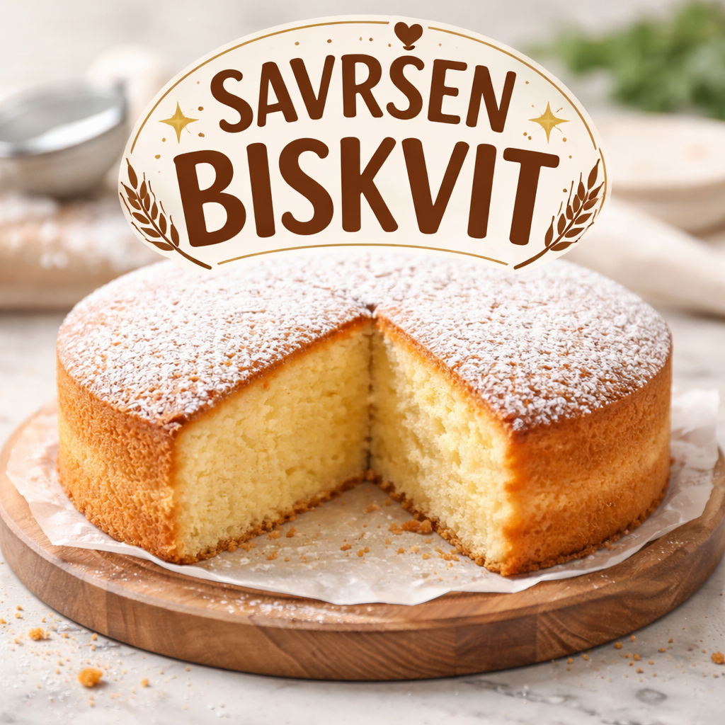 Savršen domaći biskvit posut šećerom u prahu, mekan i prozračan, s odrezanim komadom