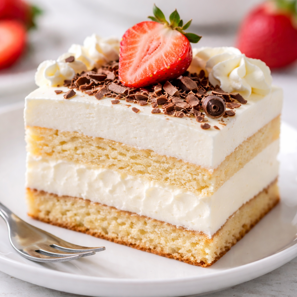 Kremasta domaća torta sa slojevima biskvita i kreme, dekorisana jagodom i čokoladnim listićima