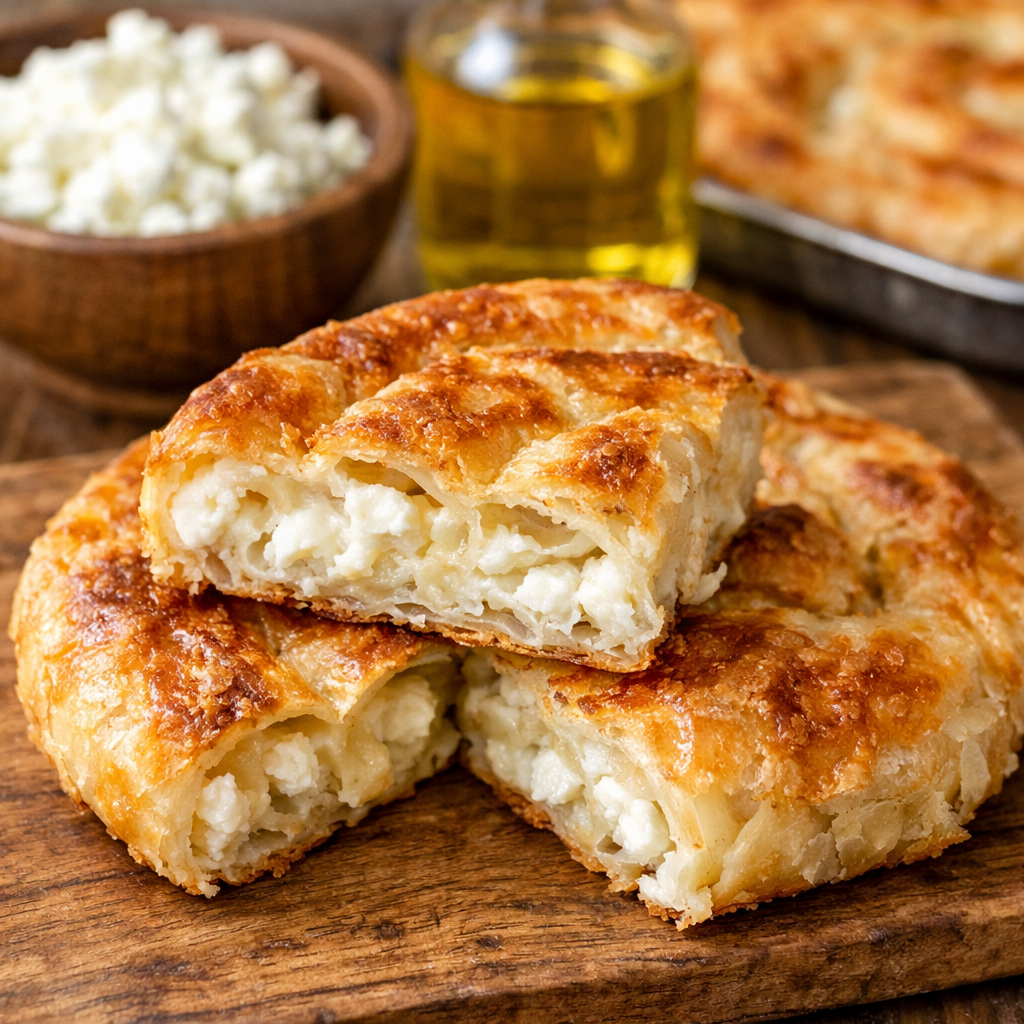 Domaći burek sa sirom presjek sa hrskavom zlatnom koricom i kremastim punjenjem