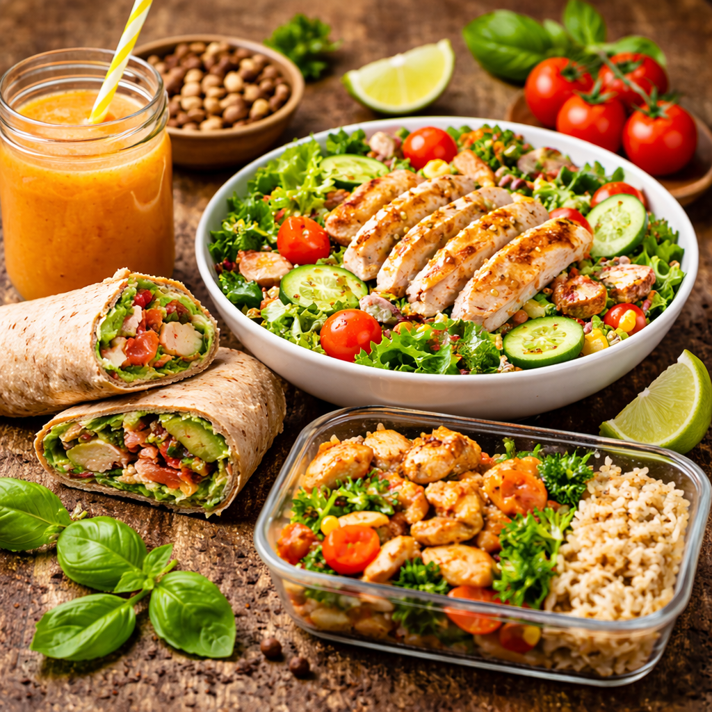 Brzi ručak za zaposlene – zdrava salata sa piletinom, wrap i smoothie